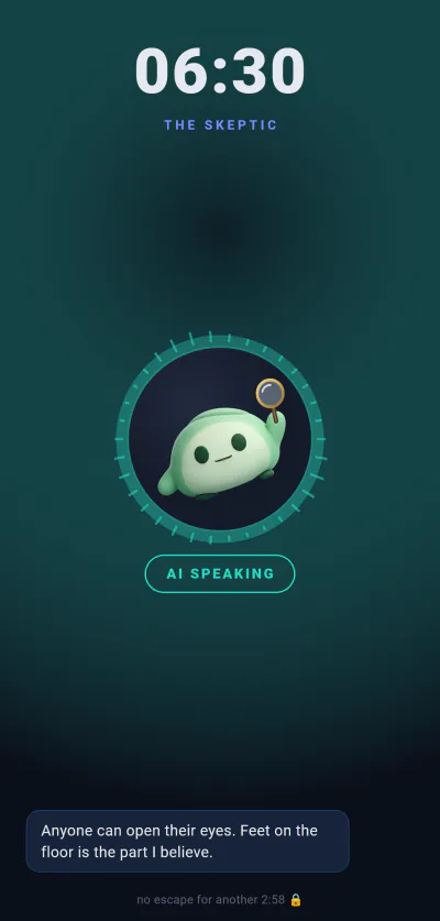 WakeYa call screen at 6:30. The AI caller says: "Anyone can open their eyes. Feet on the floor is the part I believe."